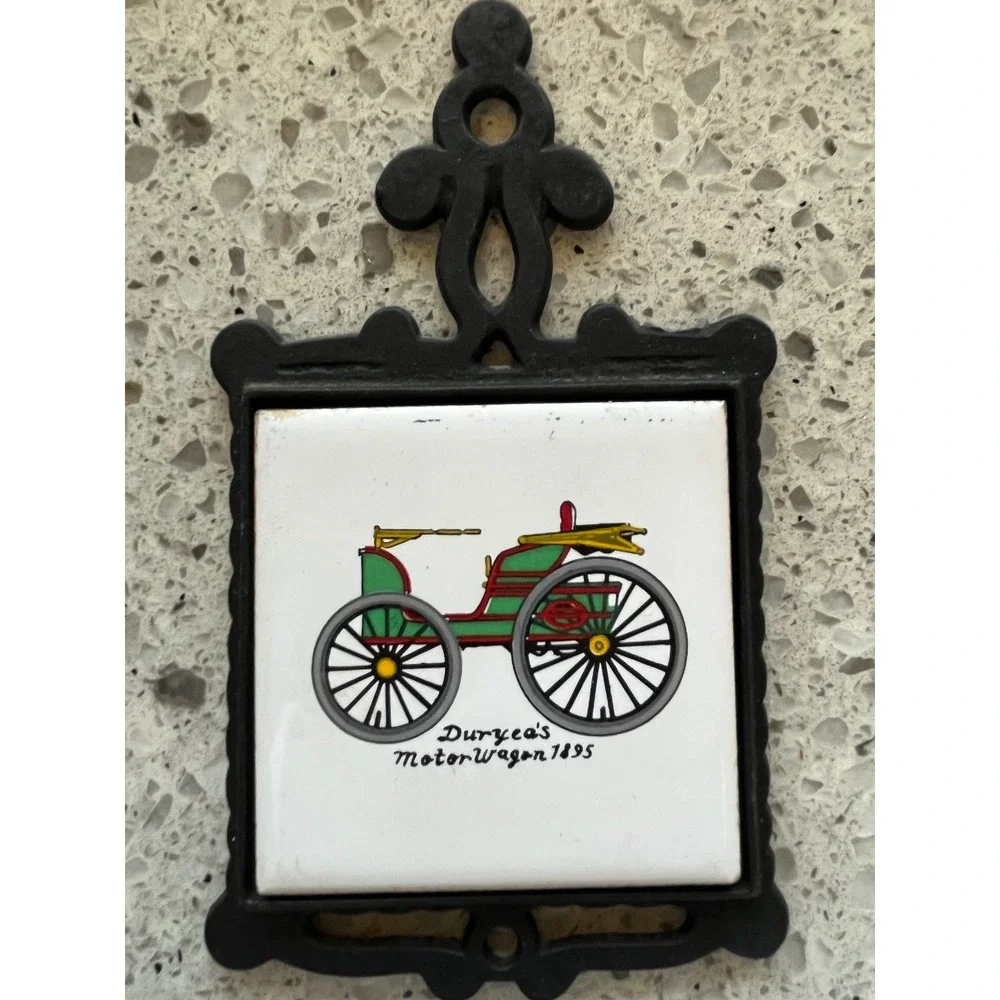 Vintage San-Huan Cast Iron Ceramic Tile Trivets Set 4 Antique Cars Wall Decor